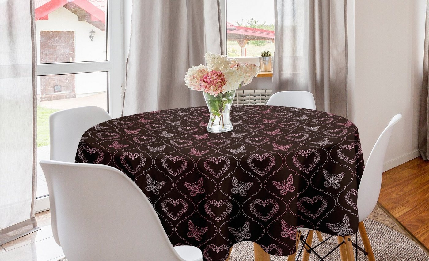 Abakuhaus Tischdecke Kreis Tischdecke Abdeckung für Esszimmer Küche Dekoration, Rosa Damast Schmetterlings-Herzen Blumen von Abakuhaus
