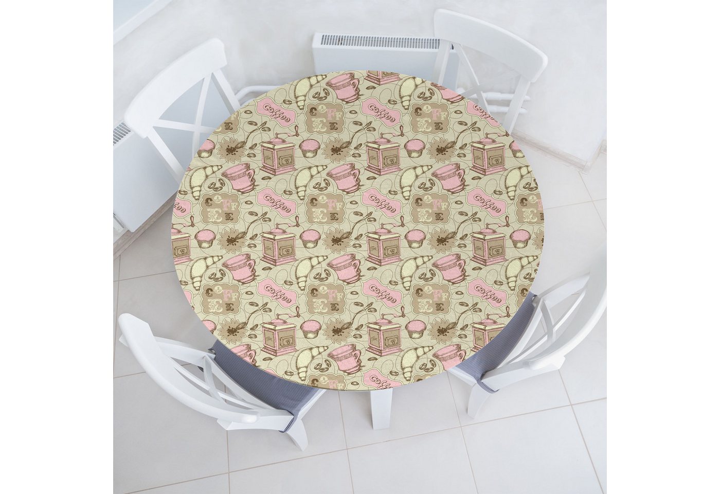 Abakuhaus Tischdecke Rundum-elastische Stofftischdecke, Abstrakt Teekannen Cups Cakes Abakuhaus Tischdecke Rundum-elastische Stofftischdecke, Abstrakt Teekannen Cups Cakes von Abakuhaus