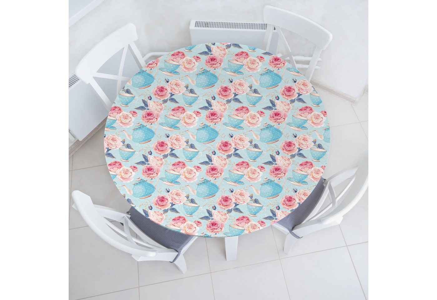 Abakuhaus Tischdecke Rundum-elastische Stofftischdecke, Aqua und Coral Teekannen Roses von Abakuhaus