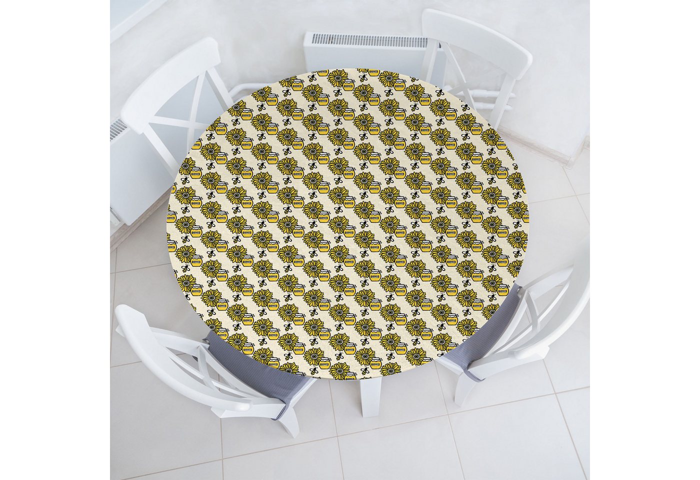 Abakuhaus Tischdecke Rundum-elastische Stofftischdecke, Bienenkönigin Honig-Gläser und Sonnenblumen Abakuhaus Tischdecke Rundum-elastische Stofftischdecke, Bienenkönigin Honig-Gläser und Sonnenblumen von Abakuhaus
