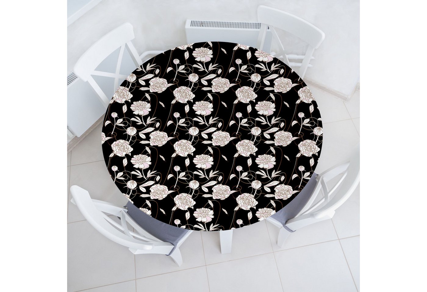 Abakuhaus Tischdecke Rundum-elastische Stofftischdecke, Blume Botanik Pfingstrosen Illustration Abakuhaus Tischdecke Rundum-elastische Stofftischdecke, Blume Botanik Pfingstrosen Illustration von Abakuhaus