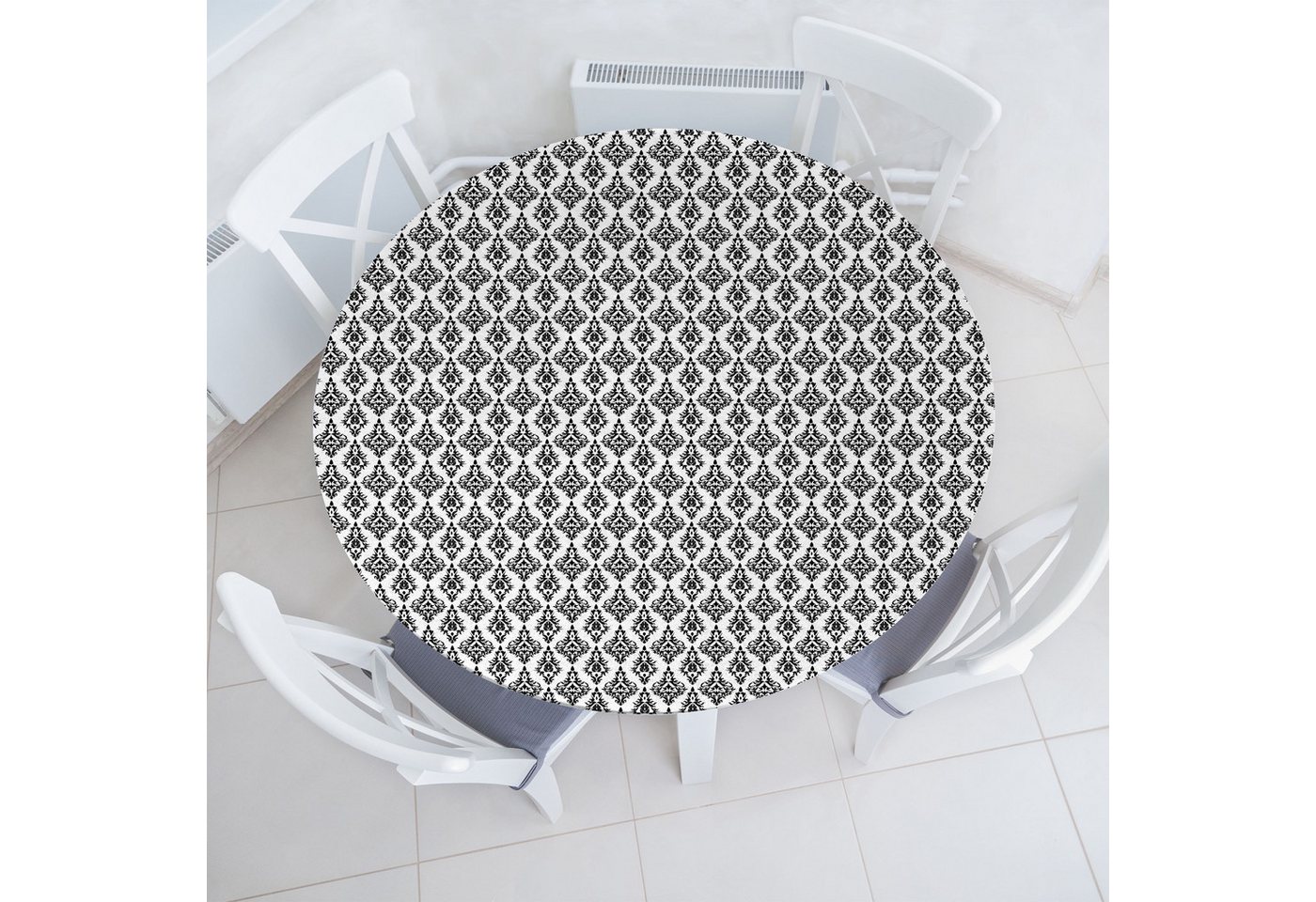 Abakuhaus Tischdecke Rundum-elastische Stofftischdecke, Damast Schwarzweiss-Barock von Abakuhaus