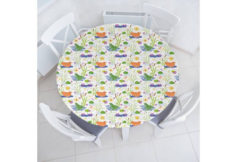 Abakuhaus Tischdecke Rundum-elastische Stofftischdecke, Frühling Teich Ente Frosch Ornament Kunst von Abakuhaus