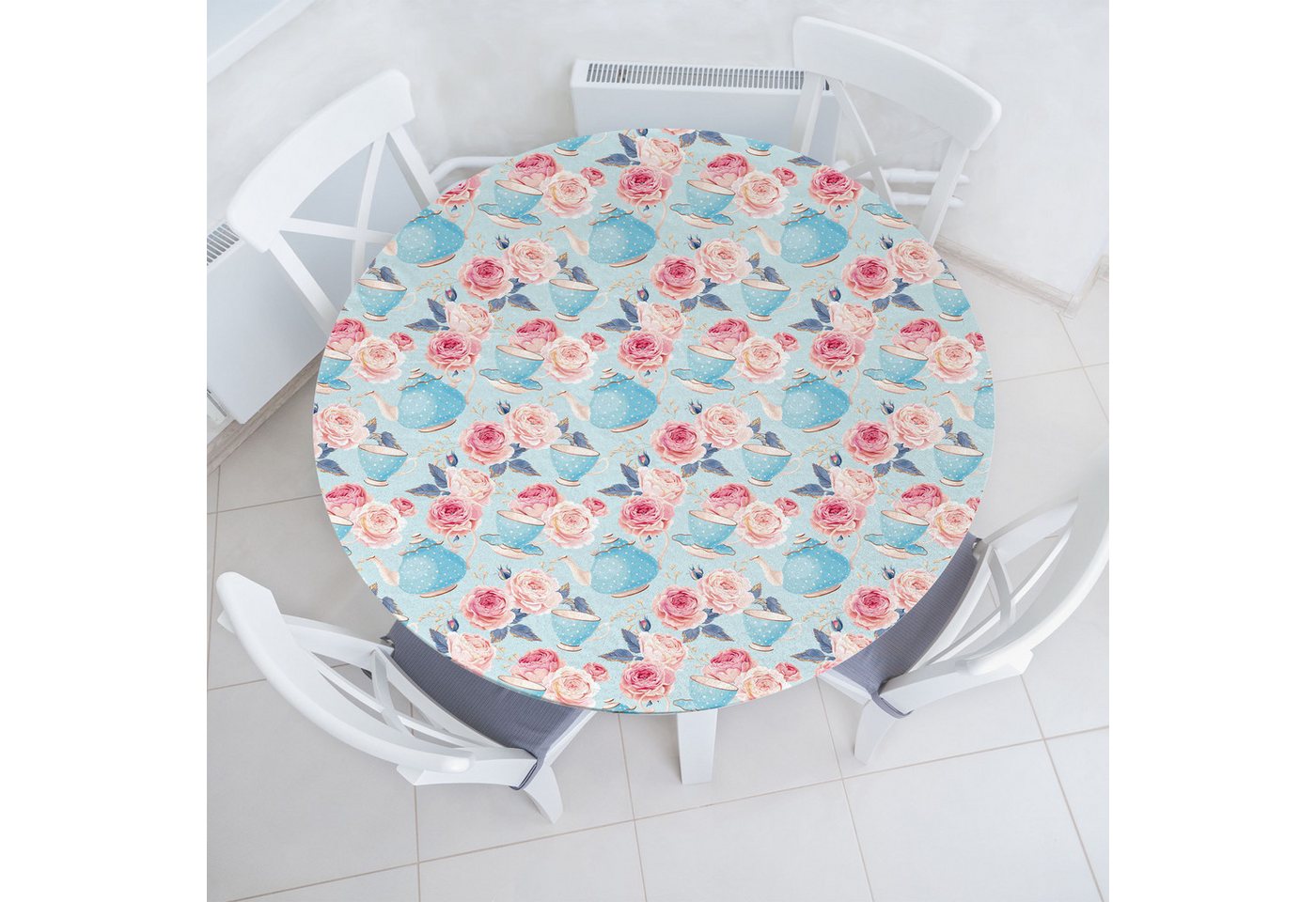 Abakuhaus Tischdecke Rundum-elastische Stofftischdecke, Jahrgang Blumen-Rosen-Teekanne von Abakuhaus