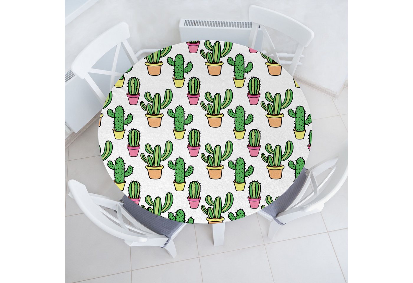 Abakuhaus Tischdecke Rundum-elastische Stofftischdecke, Kaktus Cartoon Blumen Abakuhaus Tischdecke Rundum-elastische Stofftischdecke, Kaktus Cartoon Blumen von Abakuhaus