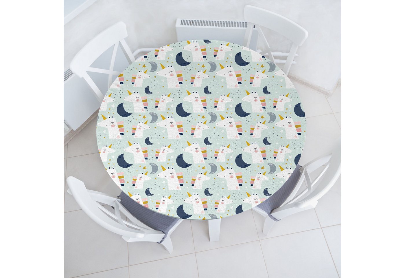 Abakuhaus Tischdecke Rundum-elastische Stofftischdecke, Kindergarten Unicorns-Mond-Sterne Spots Abakuhaus Tischdecke Rundum-elastische Stofftischdecke, Kindergarten Unicorns-Mond-Sterne Spots von Abakuhaus