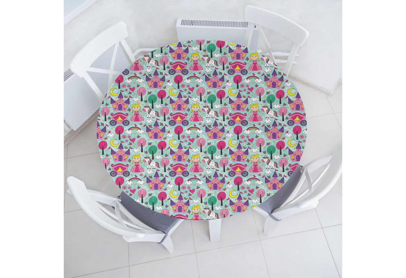 Abakuhaus Tischdecke Rundum-elastische Stofftischdecke, Märchen Einhorn Schloss Blumen Abakuhaus Tischdecke Rundum-elastische Stofftischdecke, Märchen Einhorn Schloss Blumen von Abakuhaus