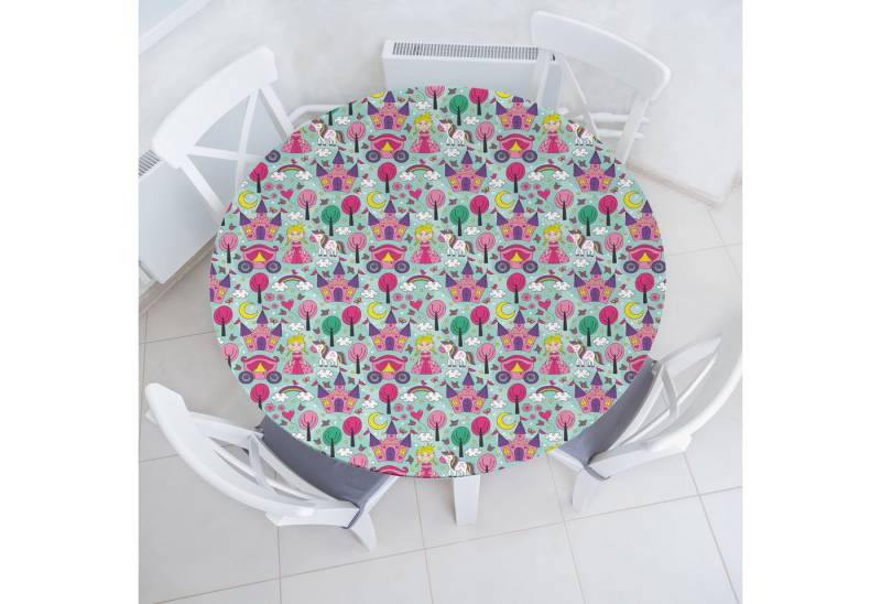 Abakuhaus Tischdecke Rundum-elastische Stofftischdecke, Märchen Einhorn Schloss Blumen von Abakuhaus