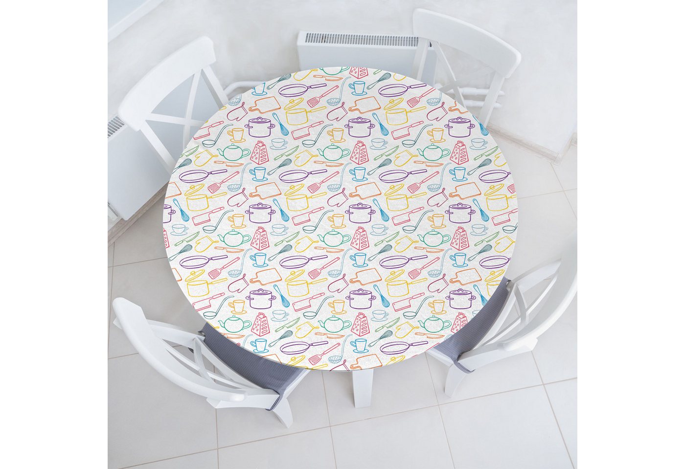 Abakuhaus Tischdecke Rundum-elastische Stofftischdecke, Modern Pfannen Tassen Muster Linienkunst von Abakuhaus