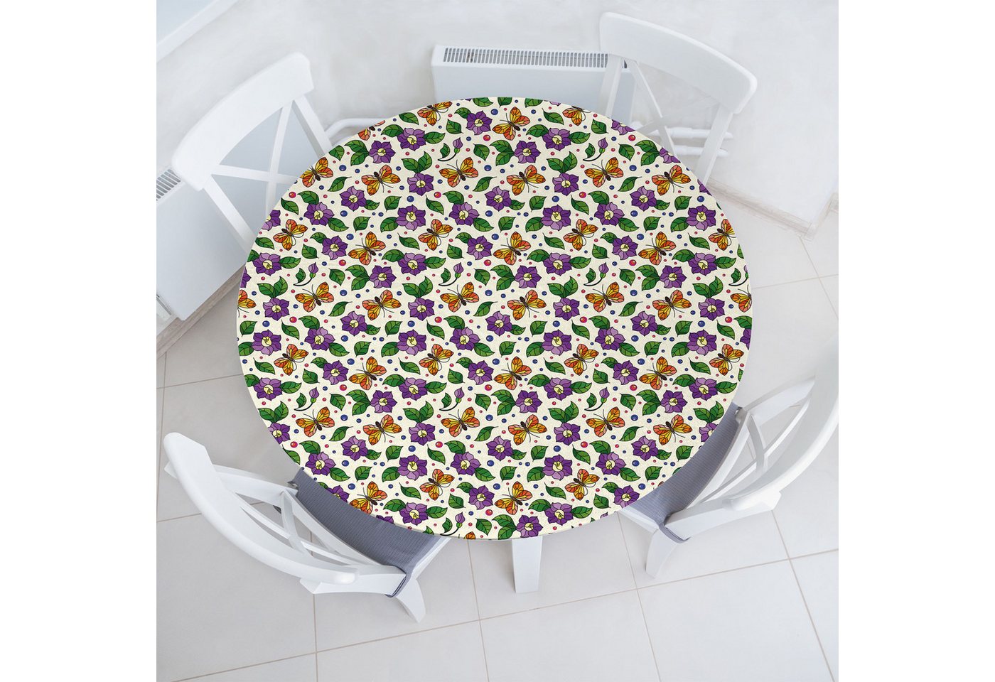 Abakuhaus Tischdecke Rundum-elastische Stofftischdecke, Natur Blätter Schmetterlinge Blumen von Abakuhaus