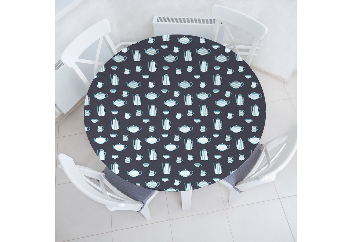 Abakuhaus Tischdecke Rundum-elastische Stofftischdecke, Tee-Party Teekanne und Tassen Dots von Abakuhaus