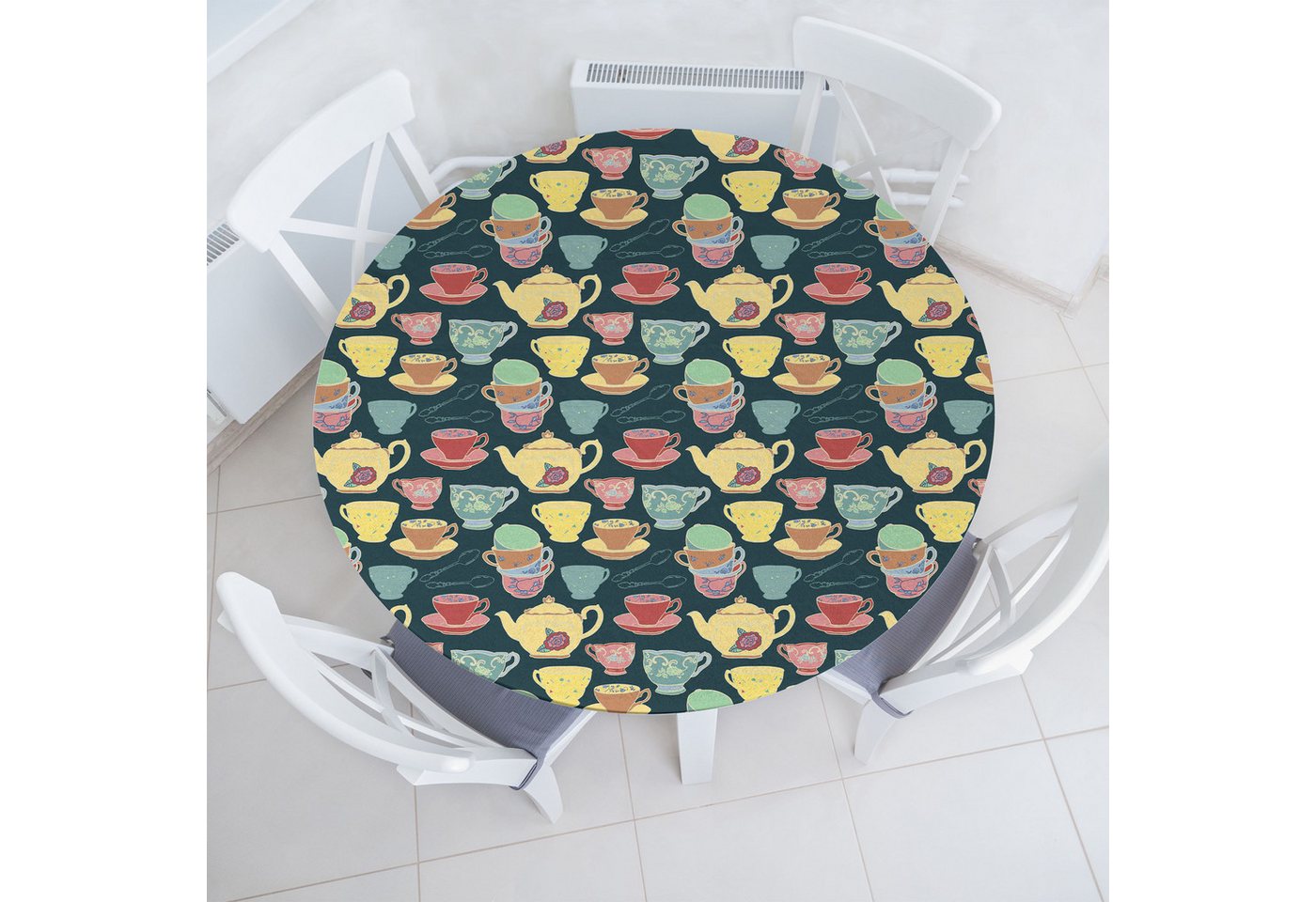 Abakuhaus Tischdecke Rundum-elastische Stofftischdecke, Tee-Party Vintage Teekannen und Tassen von Abakuhaus