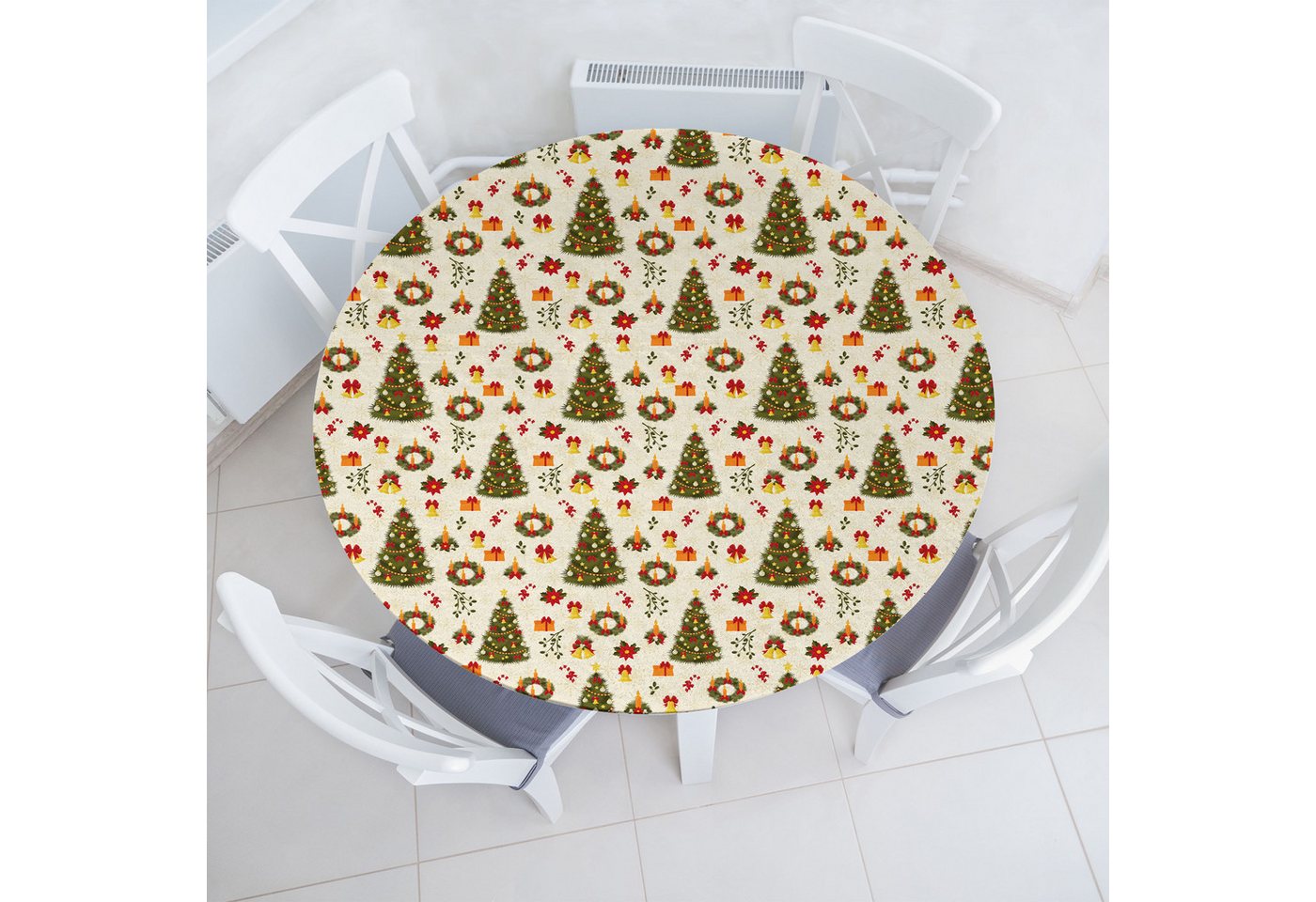 Abakuhaus Tischdecke Rundum-elastische Stofftischdecke, Weihnachten Cartoon Bäume Glocken Abakuhaus Tischdecke Rundum-elastische Stofftischdecke, Weihnachten Cartoon Bäume Glocken von Abakuhaus