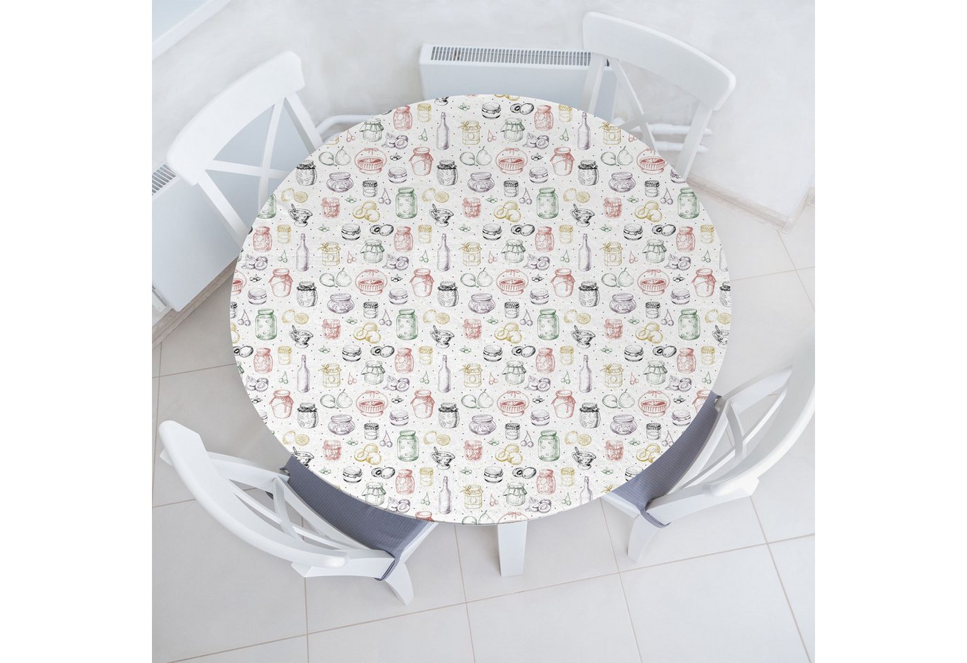 Abakuhaus Tischdecke Rundum-elastische Stofftischdecke, organisch Bunte Gläser Obst Skizze Abakuhaus Tischdecke Rundum-elastische Stofftischdecke, organisch Bunte Gläser Obst Skizze von Abakuhaus