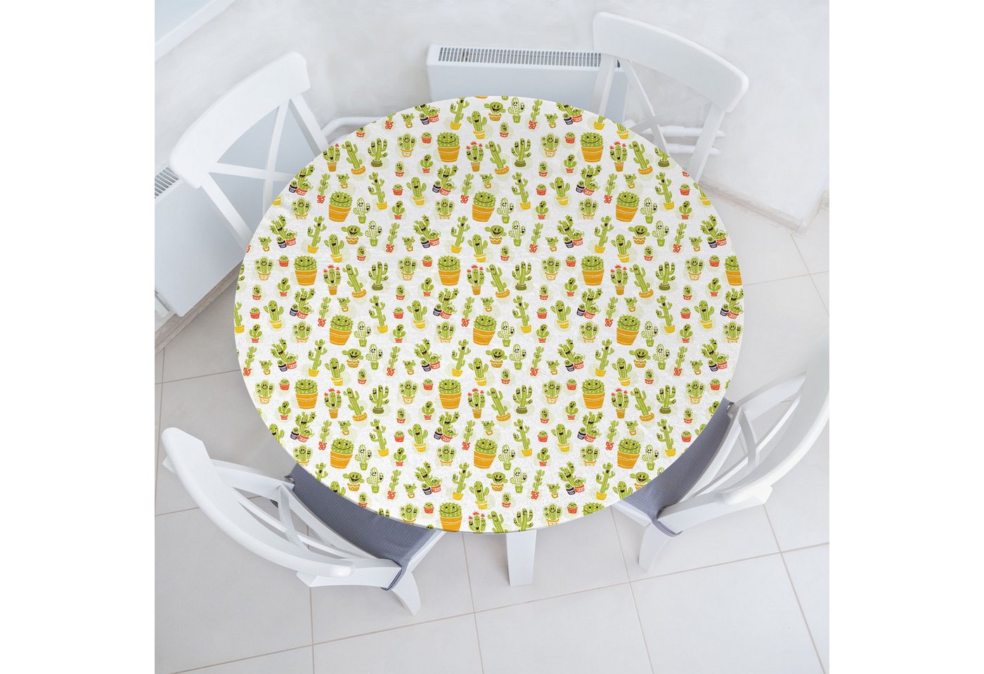 Abakuhaus Tischdecke Rundum-elastische Stofftischdecke, skandinavisch Cactus Charaktere Töpfe Abakuhaus Tischdecke Rundum-elastische Stofftischdecke, skandinavisch Cactus Charaktere Töpfe von Abakuhaus
