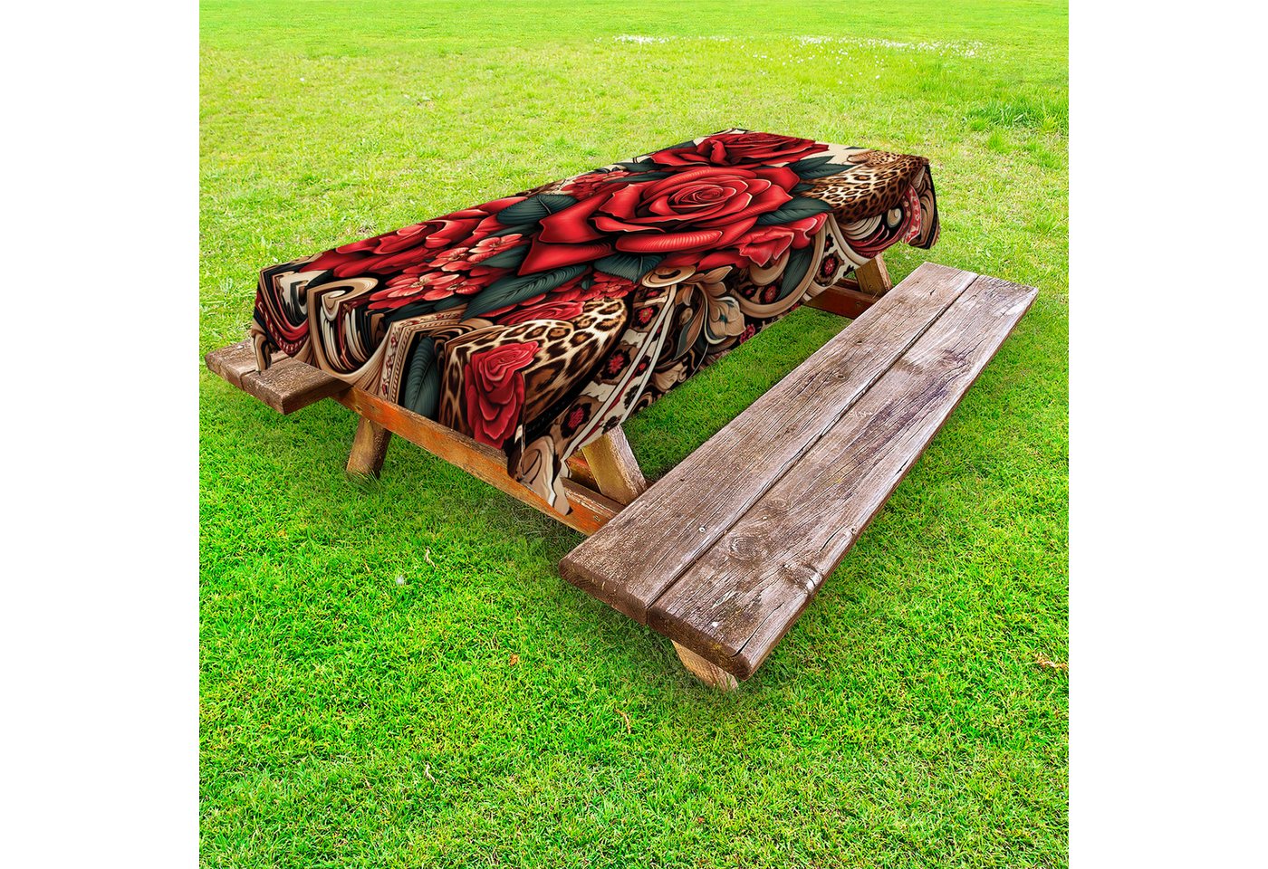 Abakuhaus Tischdecke dekorative waschbare Picknick-Tischdecke, Leopard Blühende rote Rosen und Katze von Abakuhaus