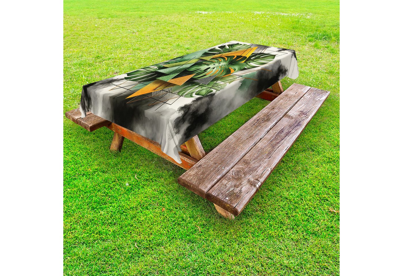 Abakuhaus Tischdecke dekorative waschbare Picknick-Tischdecke, Monstera Geometrische Formen auf träumerischem Hintergrund von Abakuhaus