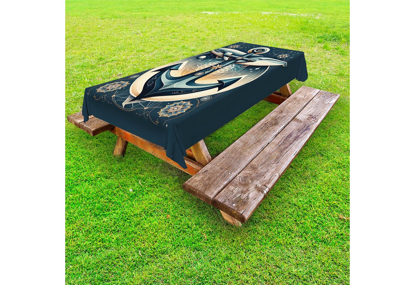 Abakuhaus Tischdecke dekorative waschbare Picknick-Tischdecke, Nautisch Anker Wal Kompass Mandala Retro von Abakuhaus