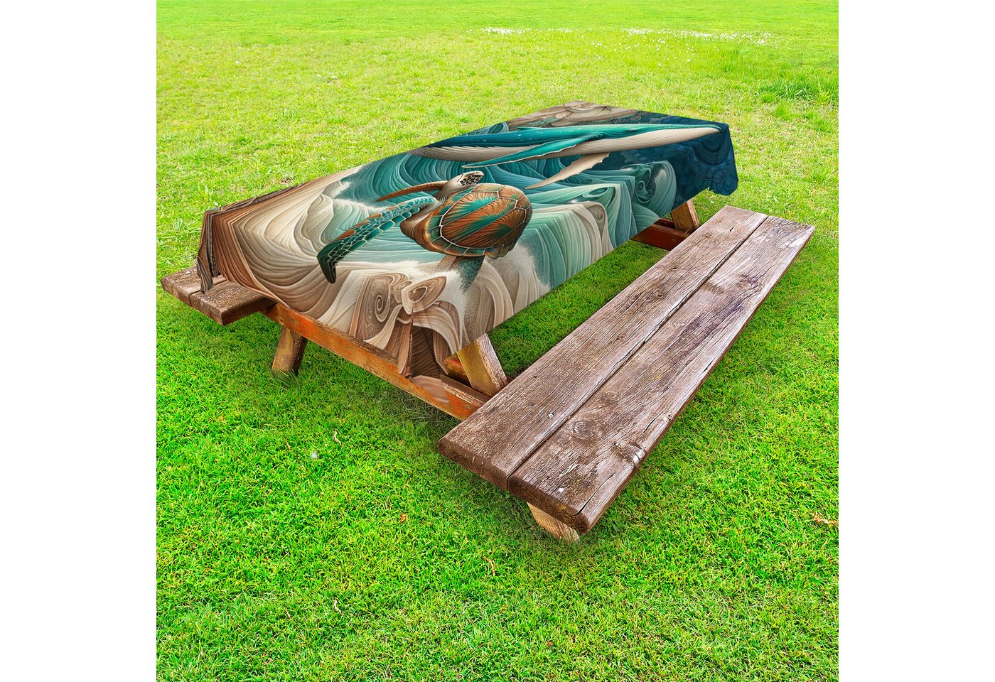 Abakuhaus Tischdecke dekorative waschbare Picknick-Tischdecke, Nautisch Boho Eastern Ocean Wal Schildkröte von Abakuhaus