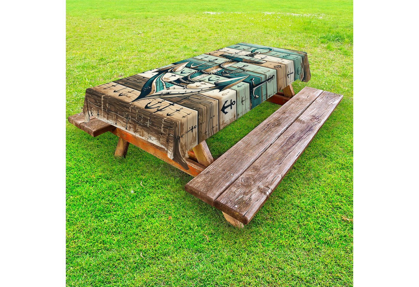 Abakuhaus Tischdecke dekorative waschbare Picknick-Tischdecke, Nautisch Rustikaler Anker mit Holzoptik von Abakuhaus