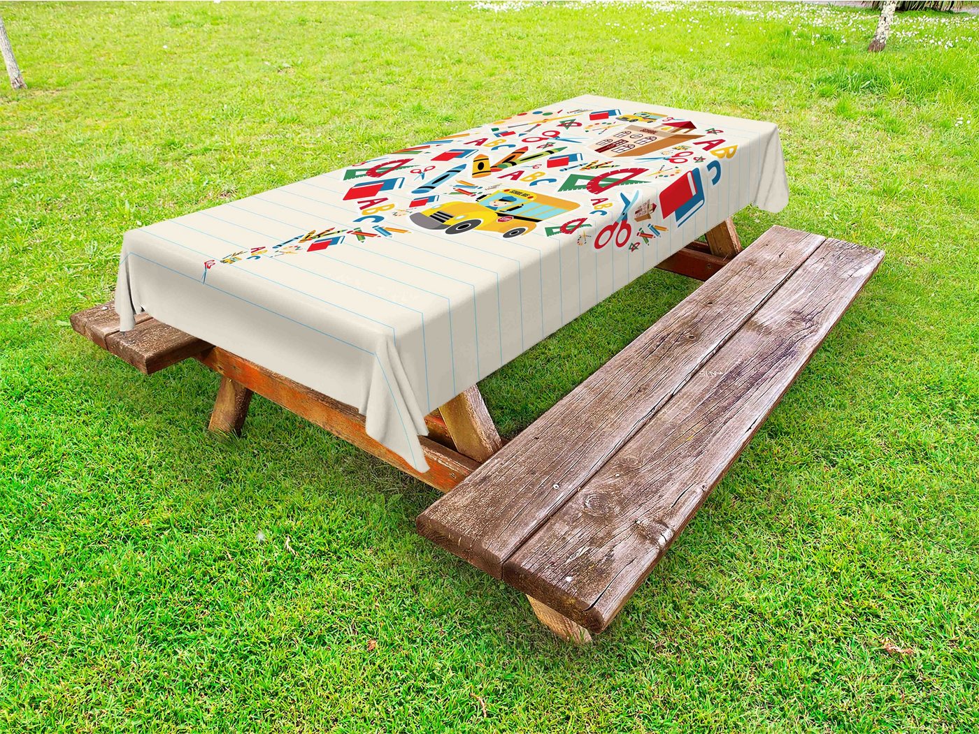 Abakuhaus Tischdecke dekorative waschbare Picknick-Tischdecke, Schulbus Sprechblase von Werkzeug von Abakuhaus