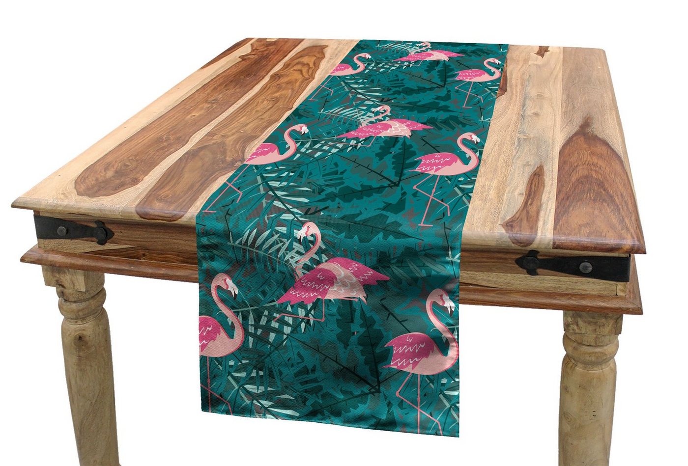 Abakuhaus Tischläufer Esszimmer Küche Rechteckiger Dekorativer Tischläufer, Flamingo Tropic Vögel auf Blätter von Abakuhaus