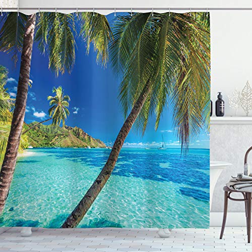 ABAKUHAUS Tropisch Duschvorhang, Palmen, Meer, Strand, Stoffliches Gewebe Badezimmerdekorationsset mit Haken, 175 x 220 cm, Türkis Blau von ABAKUHAUS