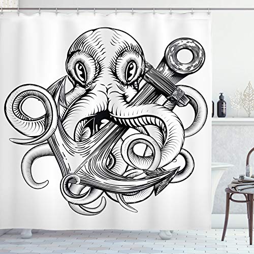 ABAKUHAUS Unterwasser- Duschvorhang, Octopus-Schiffs-Skizze, Stoffliches Gewebe Badezimmerdekorationsset mit Haken, 175 x 220 cm, Weiß Schwarz von ABAKUHAUS
