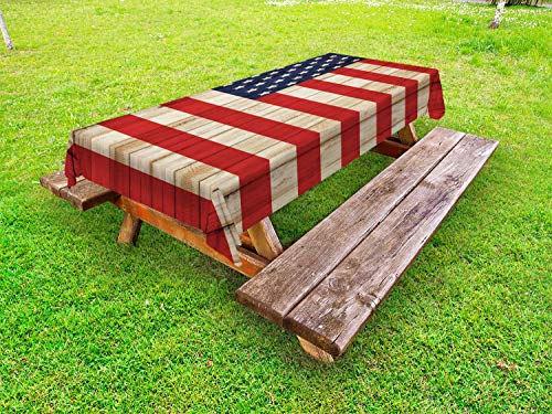 ABAKUHAUS Vereinigte Staaten von Amerika Outdoor-Tischdecke, Independence Day im Juli, dekorative waschbare Picknick-Tischdecke, 145 x 265 cm, Marineblau Creme von ABAKUHAUS