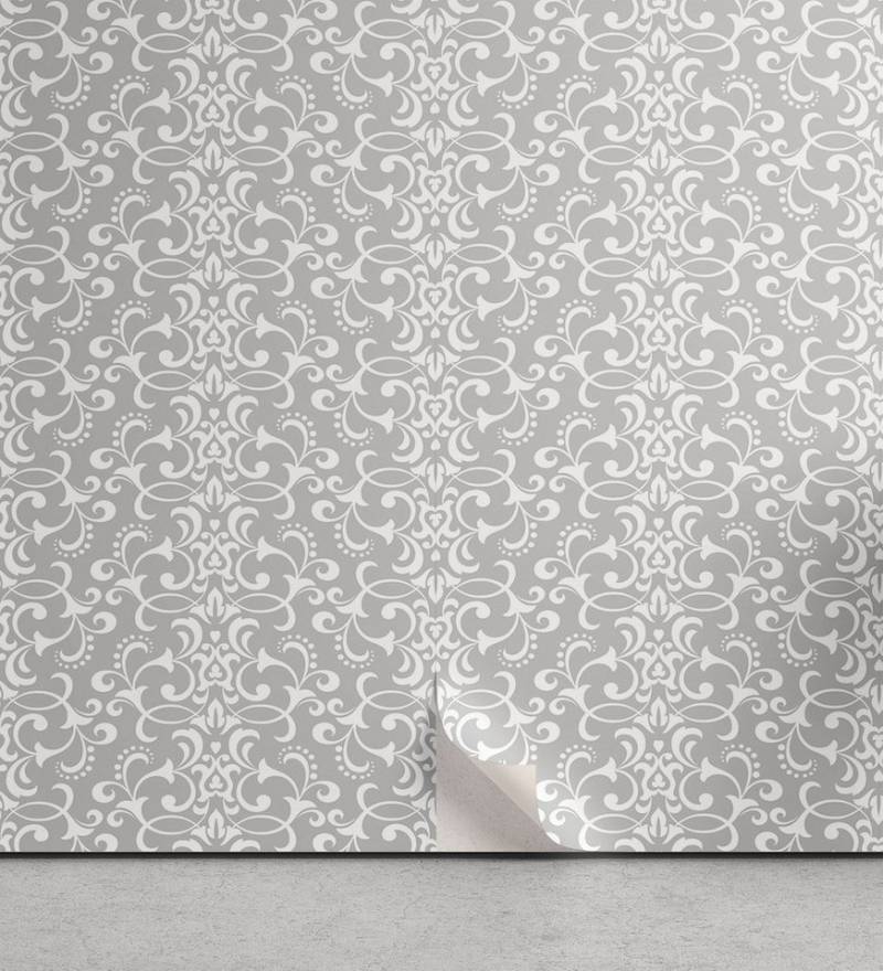 Abakuhaus Vinyltapete selbstklebendes Wohnzimmer Küchenakzent, Damast-Grau Repeating Blumenwirbel von Abakuhaus