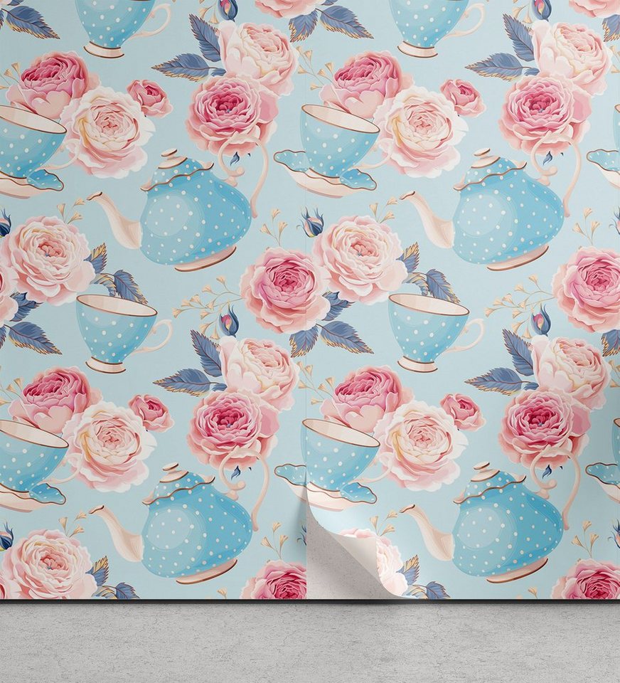 Abakuhaus Vinyltapete selbstklebendes Wohnzimmer Küchenakzent, Jahrgang Blumen-Rosen-Teekanne von Abakuhaus