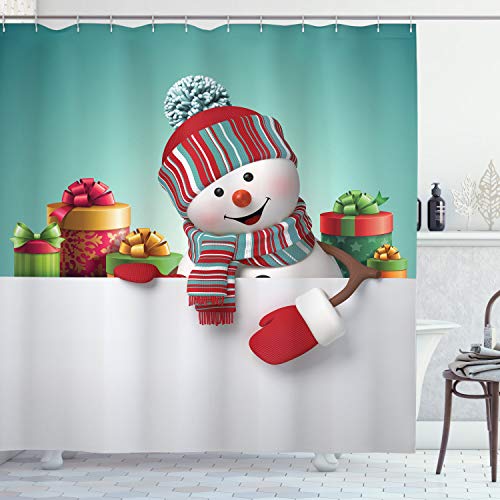 ABAKUHAUS Weihnachten Duschvorhang, Schneemann und Boxen, Stoffliches Gewebe Badezimmerdekorationsset mit Haken, 175 x 200 cm, Mehrfarbig von ABAKUHAUS