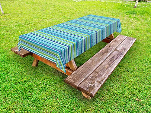 ABAKUHAUS Weinlese-Streifen Outdoor-Tischdecke, Blau, Grün-Töne Kunst, dekorative waschbare Picknick-Tischdecke, 145 x 305 cm, Türkis Lindgrün von ABAKUHAUS