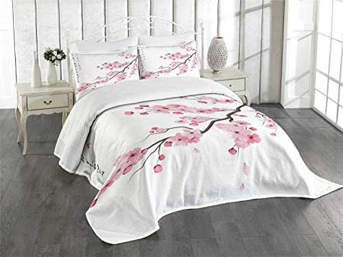 ABAKUHAUS asiatisch Tagesdecke Set, Japanischer Kirschzweig, Set mit Kissenbezügen Feste Farben, für Doppelbetten 220 x 220 cm, Weiß und Rosa von ABAKUHAUS