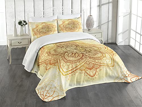 ABAKUHAUS orientalisch Tagesdecke Set, Künstlerische Alte Mandala, Set mit Kissenbezügen Kein verblassen, für Doppelbetten 220 x 220 cm, Dunkel Orange und hellgelb von ABAKUHAUS