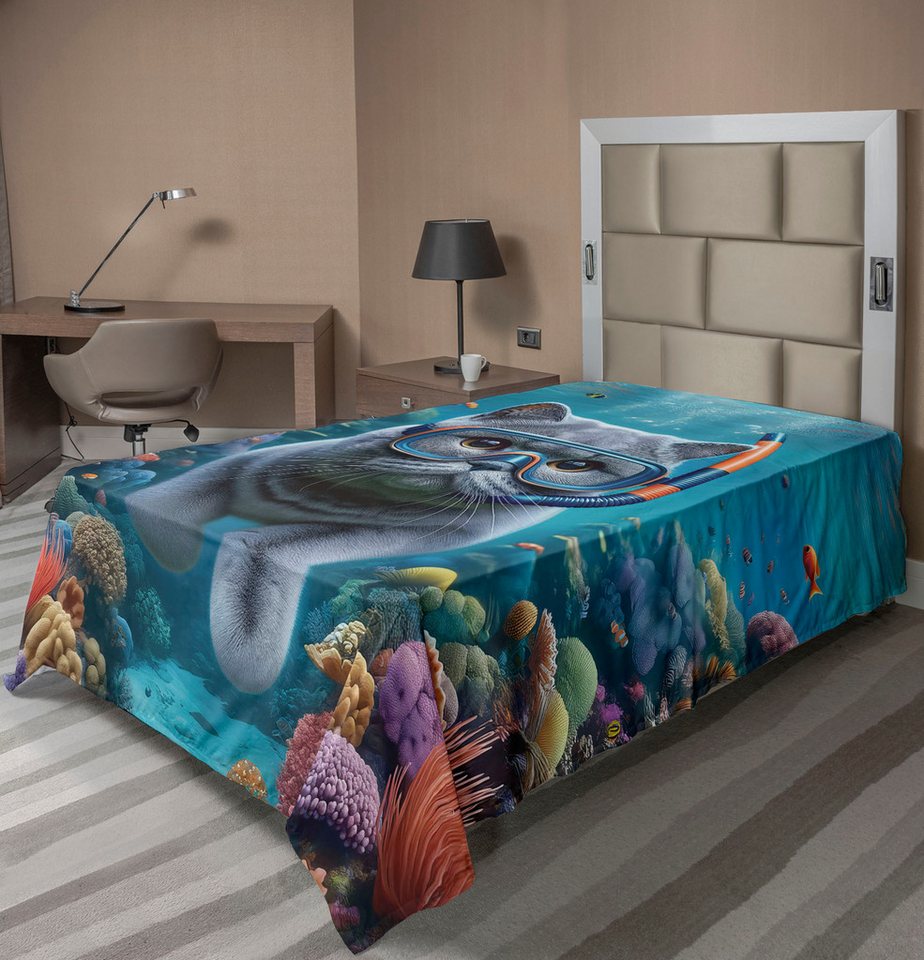Betttuch weiches bequemes oberes Bettlaken dekoratives Bett 1 Stück, Abakuhaus, Nautisch Surreale Katze im Ozean von Abakuhaus