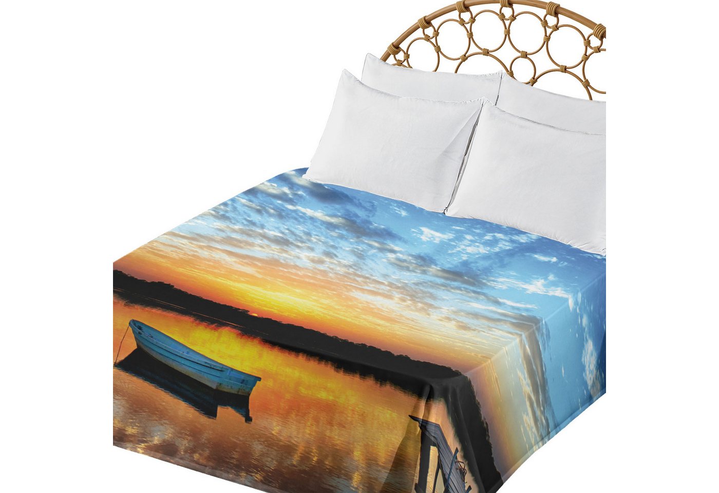 Abakuhaus Betttuch weiches bequemes oberes Bettlaken dekoratives Bett 1 Stück, Angeln Kleines Boot auf Teich von Abakuhaus