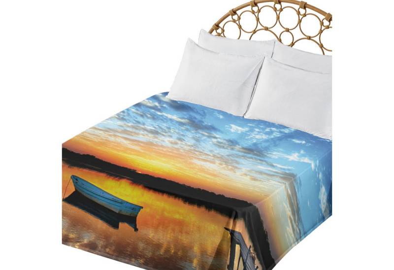 Abakuhaus Betttuch weiches bequemes oberes Bettlaken dekoratives Bett 1 Stück, Angeln Kleines Boot auf Teich von Abakuhaus