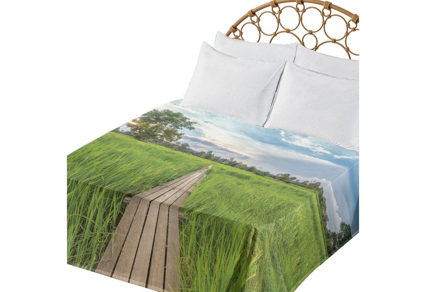 Abakuhaus Betttuch weiches bequemes oberes Bettlaken dekoratives Bett 1 Stück, asiatisch Alte Holz-Brücke Reisfeld von Abakuhaus