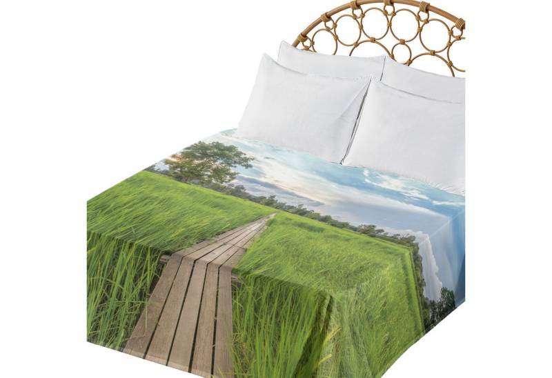 Abakuhaus Betttuch weiches bequemes oberes Bettlaken dekoratives Bett 1 Stück, asiatisch Alte Holz-Brücke Reisfeld von Abakuhaus