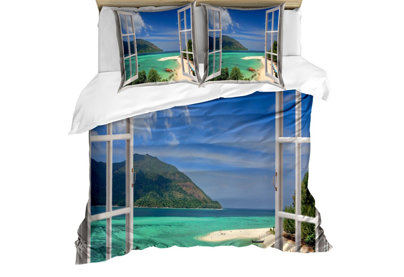 Abakuhaus Bettwäsche Milbensicher Allergiker geeignet mit Kissenbezügen, Microfaser, Landschaft Tropic Szene in Fenster von Abakuhaus
