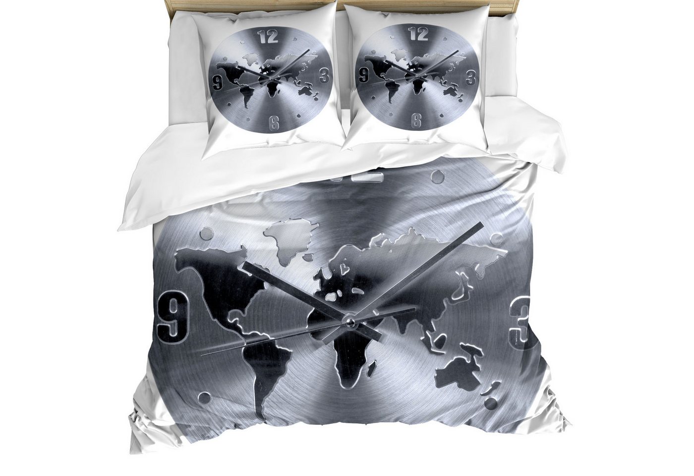 Abakuhaus Bettwäsche Milbensicher Allergiker geeignet mit Kissenbezügen, Microfaser, Silber Weltkarte Uhr-Muster von Abakuhaus