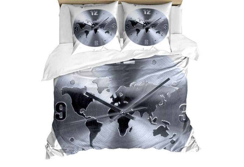 Abakuhaus Bettwäsche Milbensicher Allergiker geeignet mit Kissenbezügen, Microfaser, Silber Weltkarte Uhr-Muster von Abakuhaus