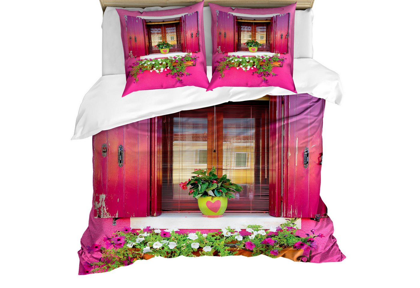 Abakuhaus Bettwäsche Milbensicher Allergiker geeignet mit Kissenbezügen, Microfaser, Stadt-Liebe Außen Vintage-Fenster Blumen von Abakuhaus