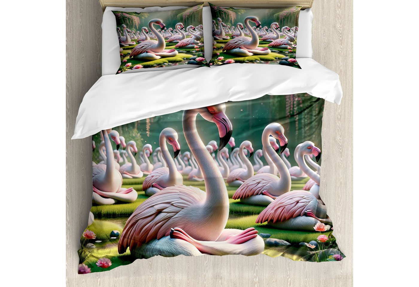 Bettwäsche Top Qualität Weich und Warm 3 Teiligen Bettbezug mit 2 Kissenbezüge, Abakuhaus, Microfaser, Flamingo Heitere Vogel Natur Szene von Abakuhaus
