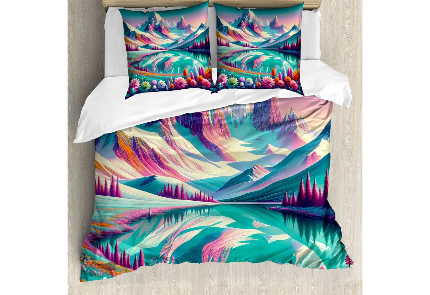 Abakuhaus Bettwäsche Top Qualität Weich und Warm 3 Teiligen Bettbezug mit 2 Kissenbezüge, Microfaser, See Fantasy Blumenwiese Berg Illustration Abakuhaus Bettwäsche Top Qualität Weich und Warm 3 Teiligen Bettbezug mit 2 Kissenbezüge, Microfaser, See Fantasy Blumenwiese Berg Illustration von Abakuhaus