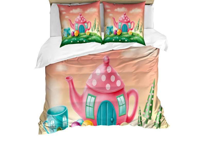 Abakuhaus Bettwäsche weicher Microfaserstoff Allergiker geeignet, kein Verblassen, Microfaser, Fantasie Teekanne und Teacup Haus von Abakuhaus