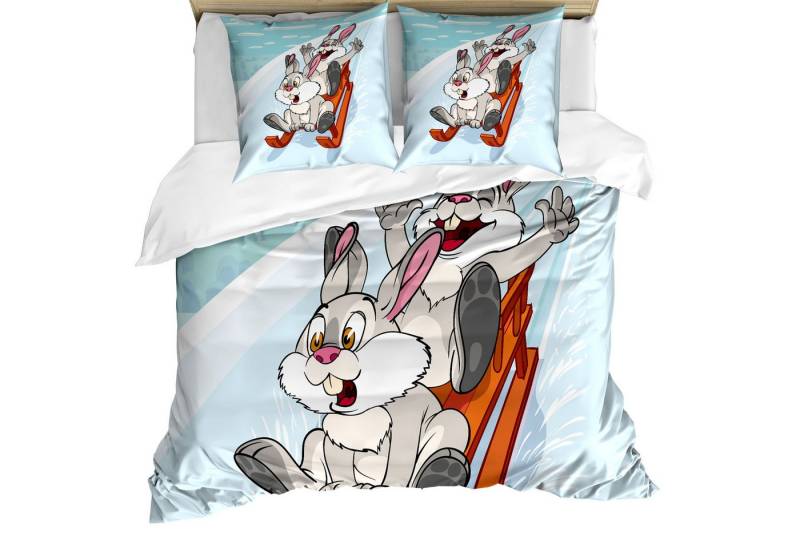 Abakuhaus Bettwäsche weicher Microfaserstoff Allergiker geeignet, kein Verblassen, Microfaser, Hase Winter Holz-Schlitten-Karikatur von Abakuhaus