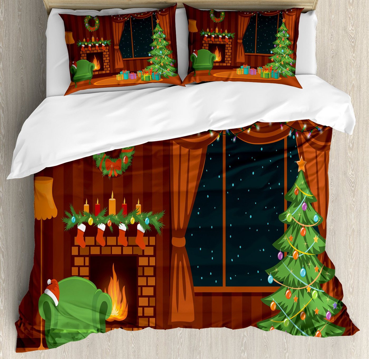 Bettwäsche Weicher Microfaserstoff Allegigeignet kein Verblassen, Abakuhaus, Microfaser, Kamin Cartoon-Weihnachtszimmer von Abakuhaus