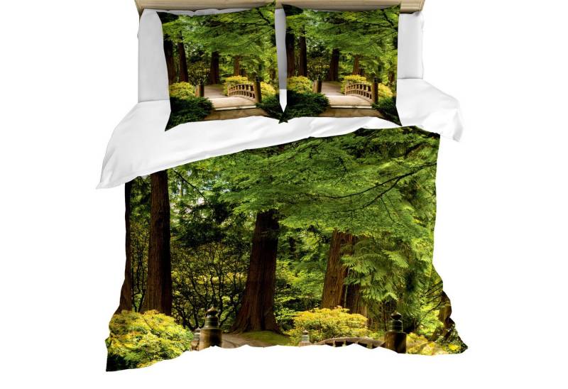 Abakuhaus Bettwäsche weicher Microfaserstoff Allergiker geeignet, kein Verblassen, Microfaser, Wald Hölzerne Brücke über Teich von Abakuhaus